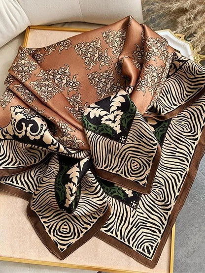 Brown Floral 100% Mulberry Silk Square Scarf 88x88cm