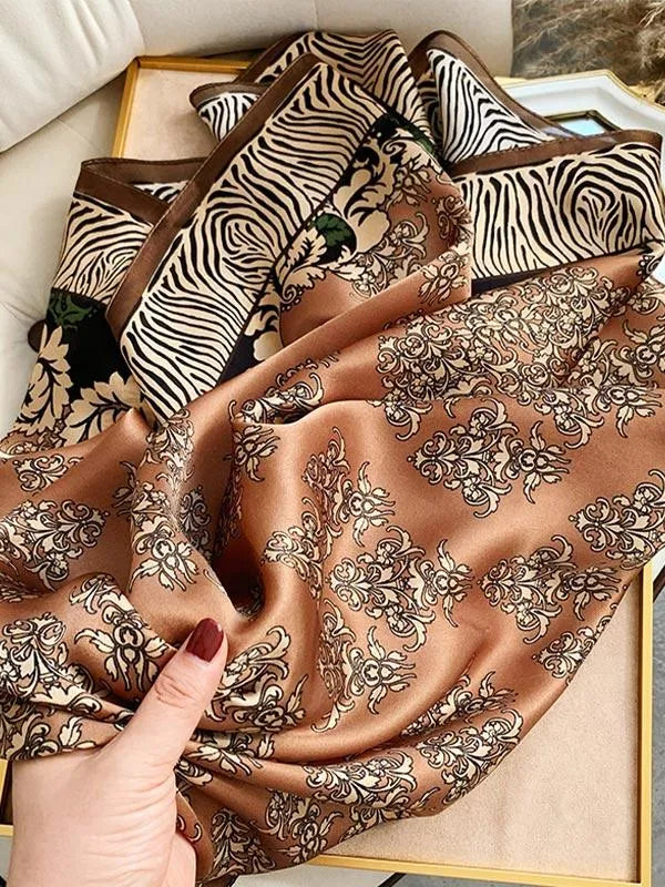 Brown Floral 100% Mulberry Silk Square Scarf 88x88cm