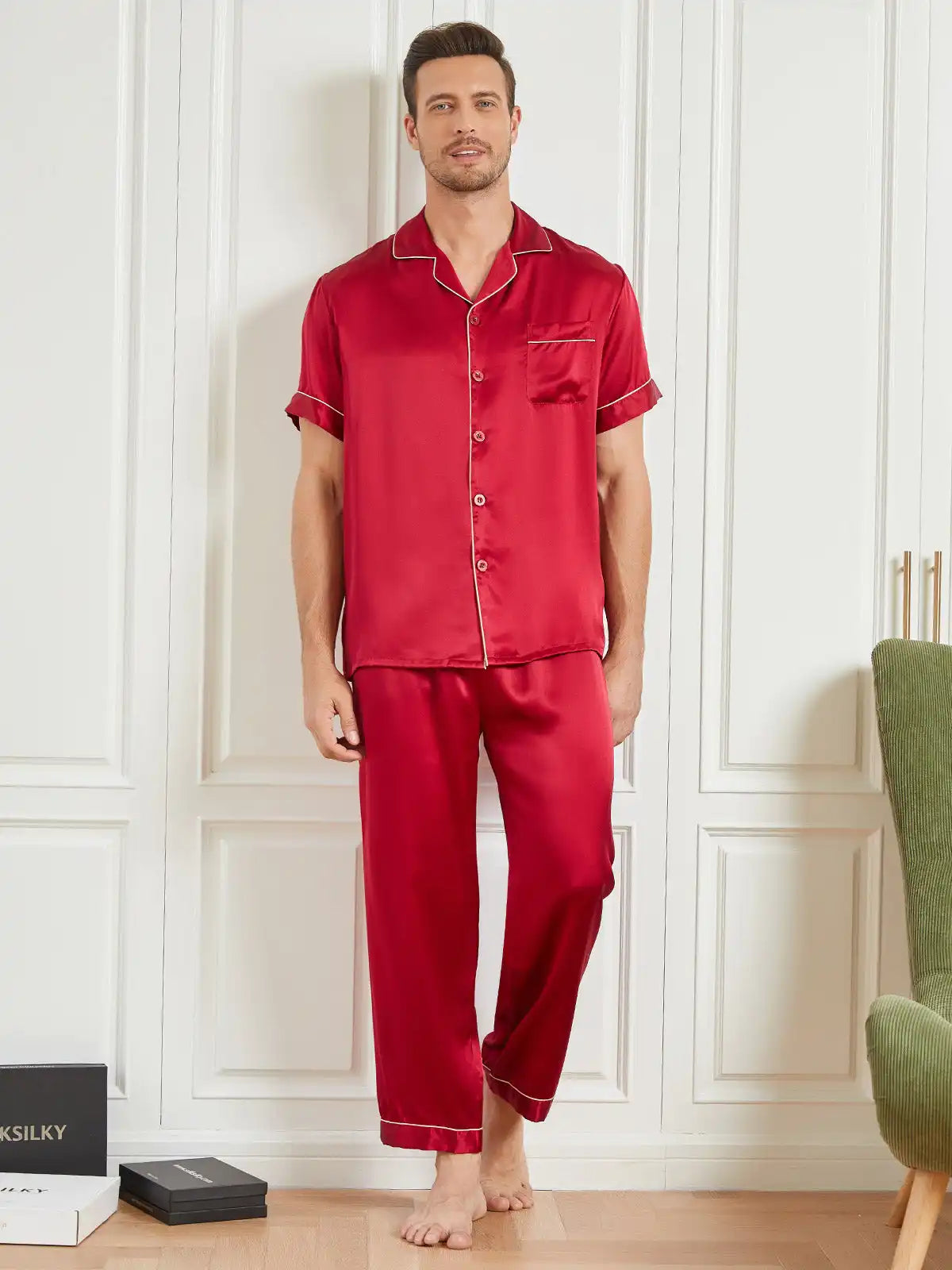 Clearance - Piping Trim Men‘s Pure Silk Pajamas