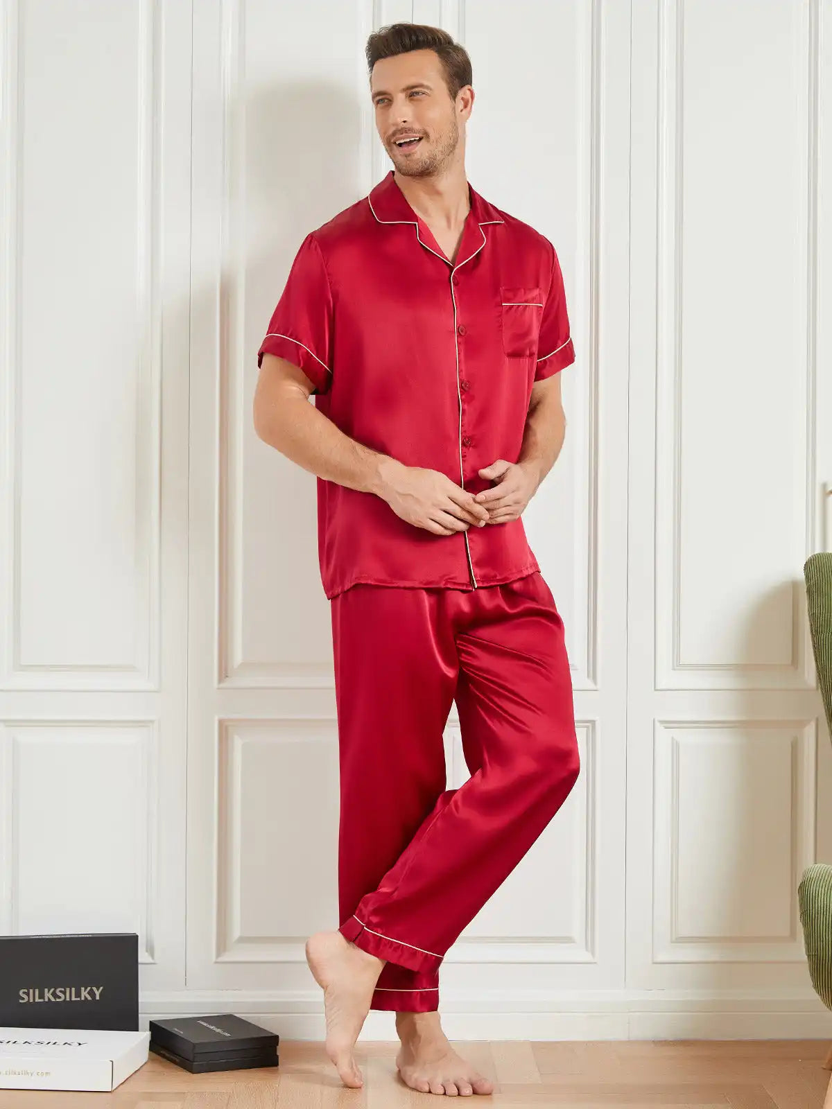 Clearance - Piping Trim Men‘s Pure Silk Pajamas
