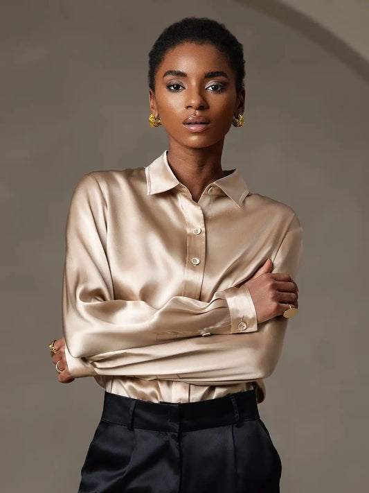 19Momme Silk Long Sleeve Lapel Collar Women's Shirt