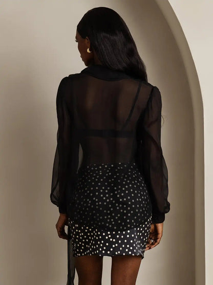 Clearance - Pure Silk Chiffon Women's Lantern Sleeve Tie Neck Sheer Blouse