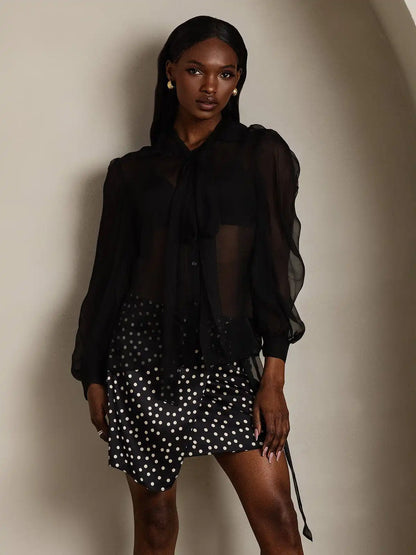 Clearance - Pure Silk Chiffon Women's Lantern Sleeve Tie Neck Sheer Blouse