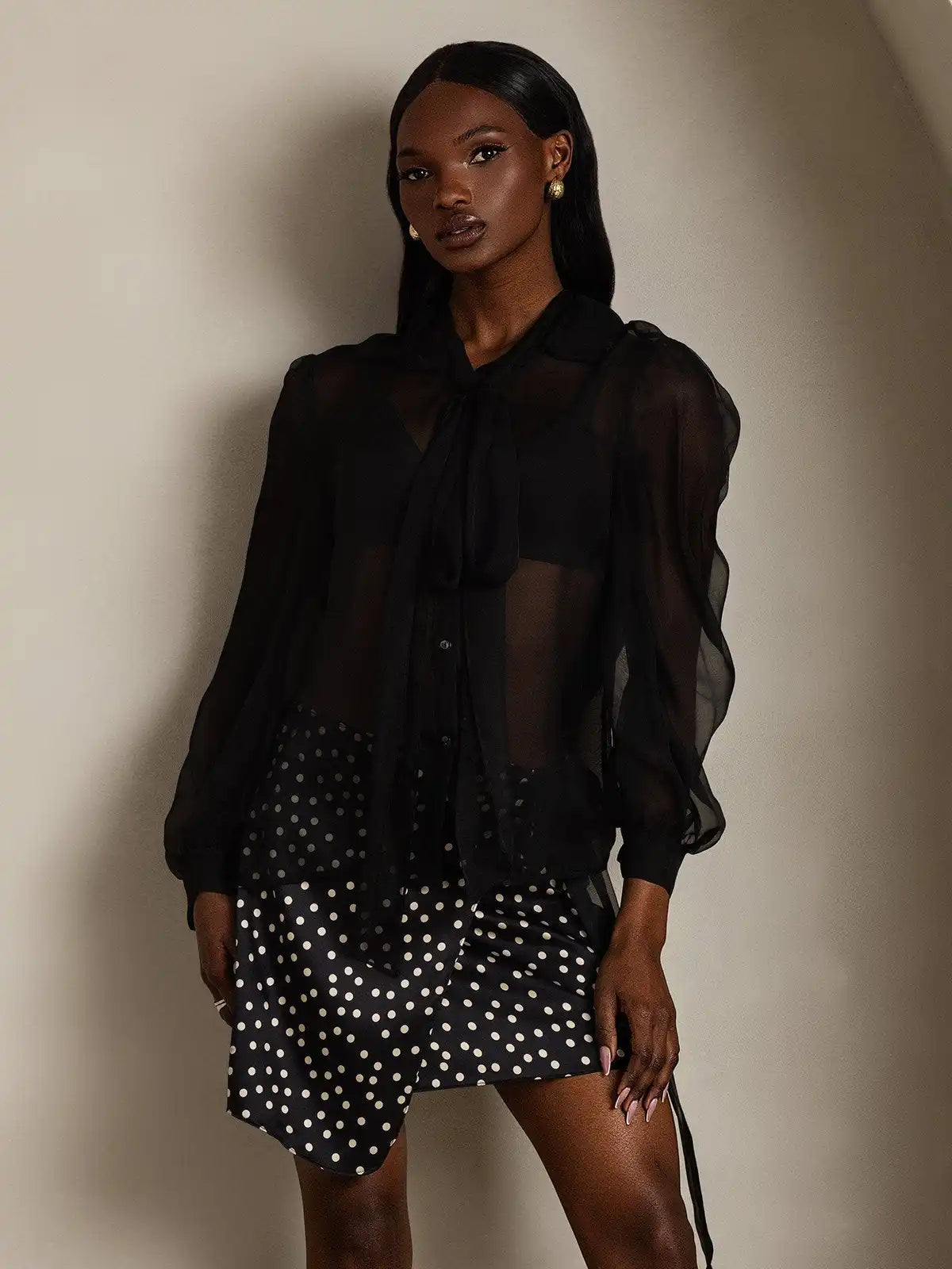 Clearance - Pure Silk Chiffon Women's Lantern Sleeve Tie Neck Sheer Blouse