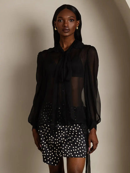 Clearance - Pure Silk Chiffon Women's Lantern Sleeve Tie Neck Sheer Blouse