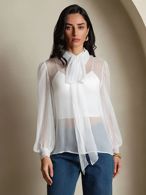 Clearance - Pure Silk Chiffon Women's Lantern Sleeve Tie Neck Sheer Blouse