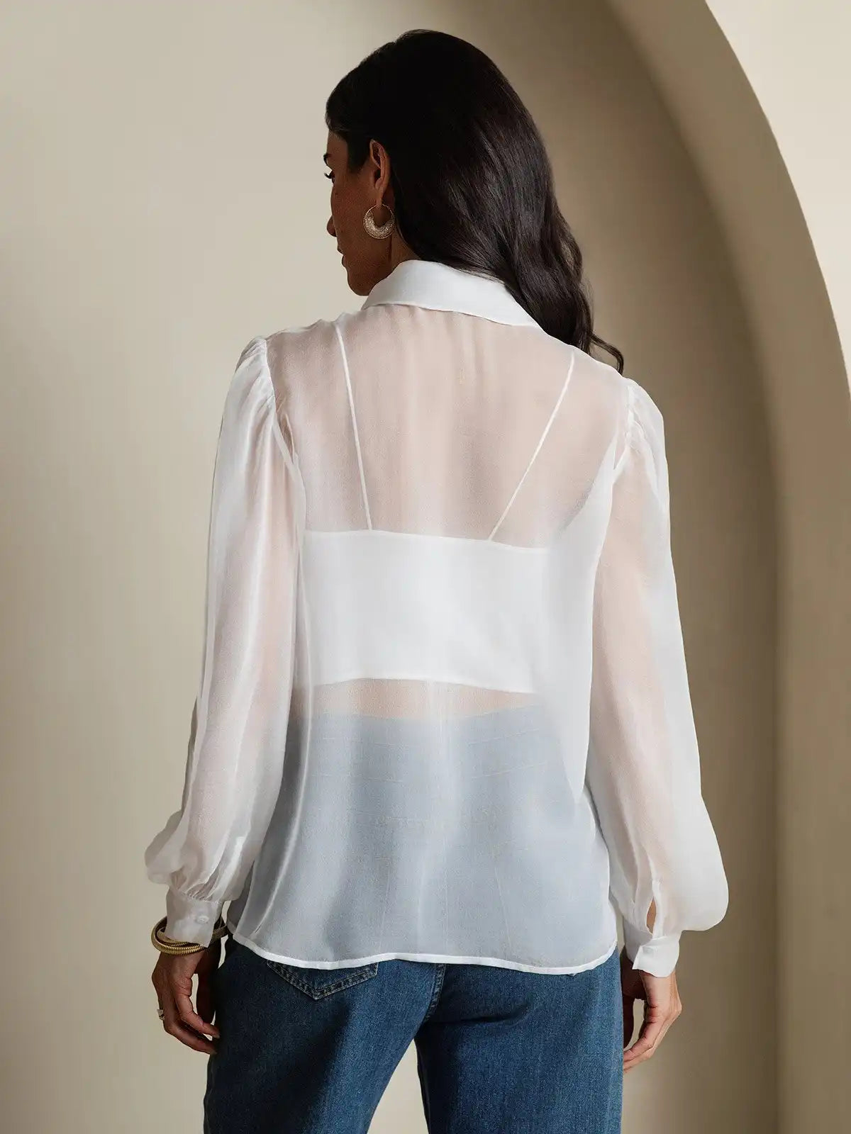 Clearance - Pure Silk Chiffon Women's Lantern Sleeve Tie Neck Sheer Blouse