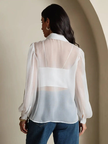 Clearance - Pure Silk Chiffon Women's Lantern Sleeve Tie Neck Sheer Blouse