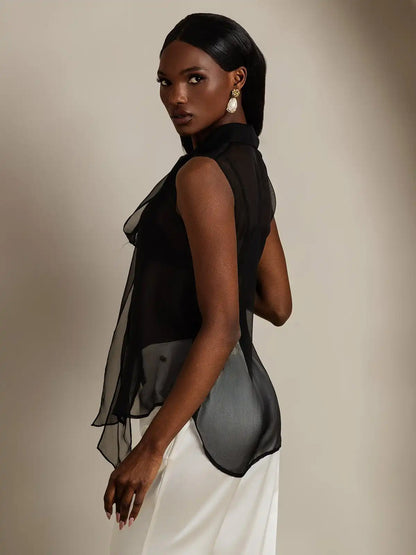 Clearance - Pure Silk Chiffon Women's Sleeveless Tie Neck Sheer Blouse