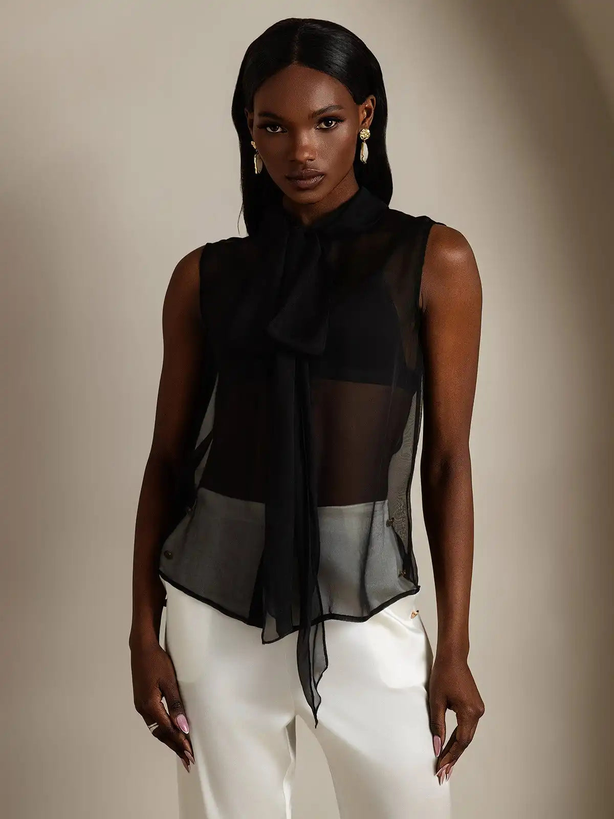 Clearance - Pure Silk Chiffon Women's Sleeveless Tie Neck Sheer Blouse