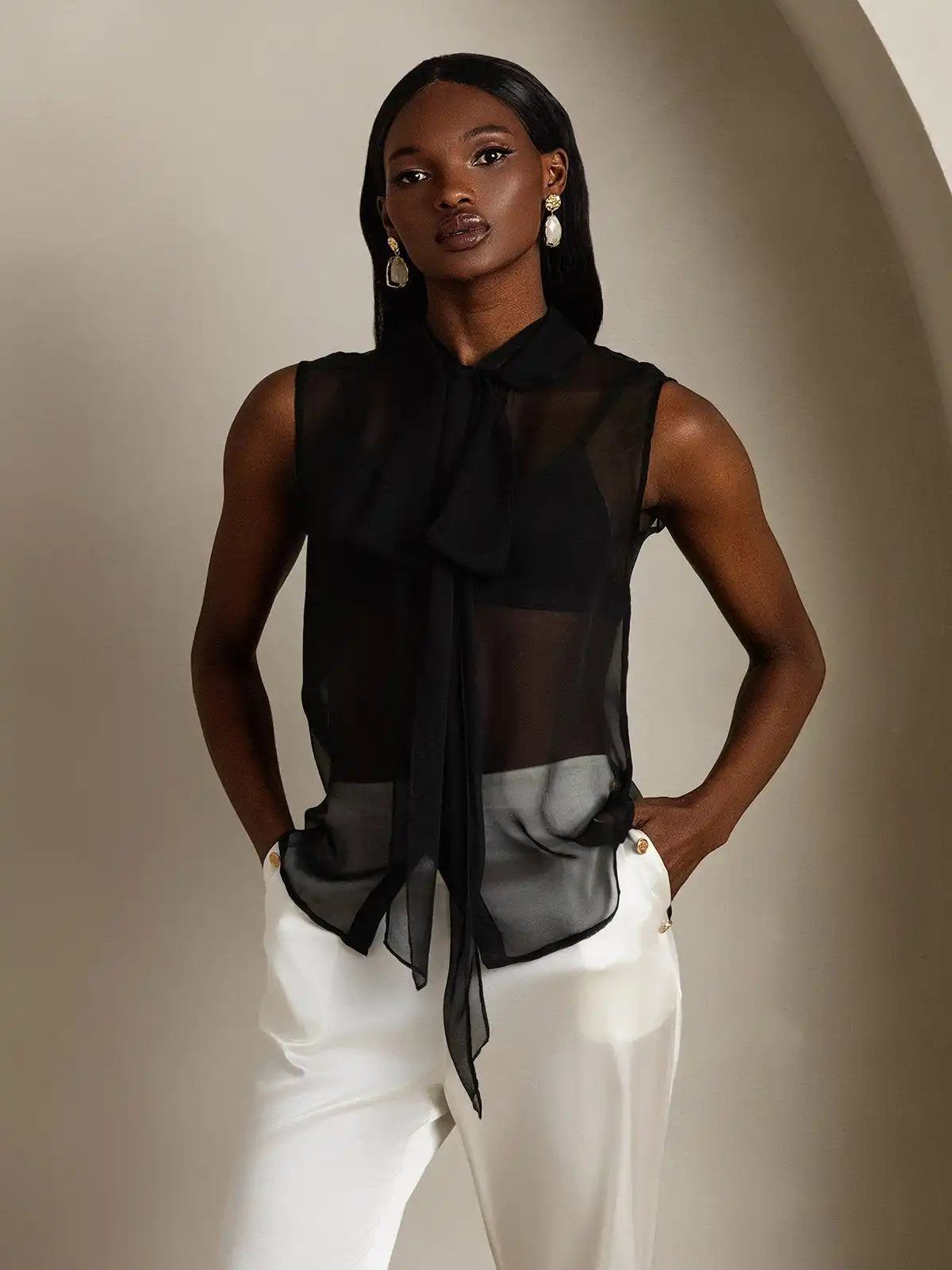 Clearance - Pure Silk Chiffon Women's Sleeveless Tie Neck Sheer Blouse