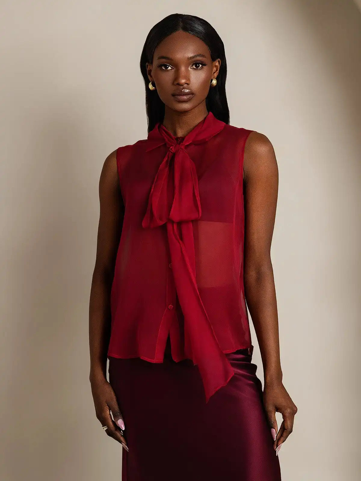 Clearance - Pure Silk Chiffon Women's Sleeveless Tie Neck Sheer Blouse