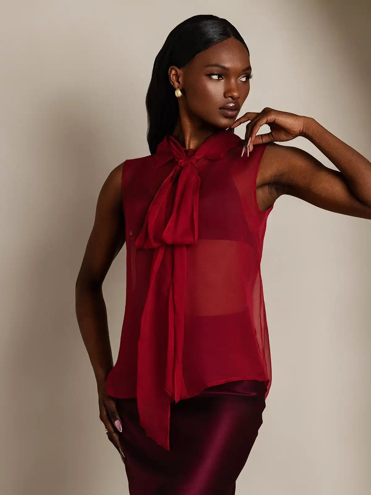 Clearance - Pure Silk Chiffon Women's Sleeveless Tie Neck Sheer Blouse