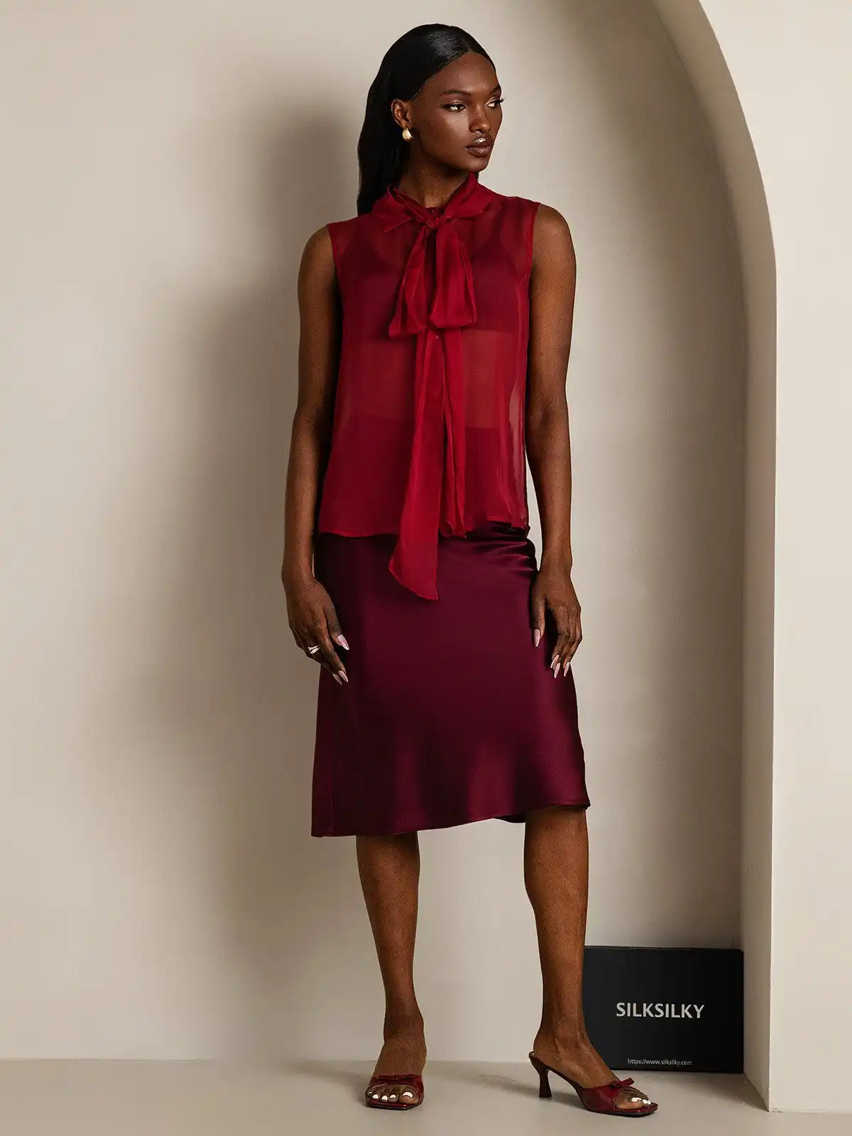 Clearance - Pure Silk Chiffon Women's Sleeveless Tie Neck Sheer Blouse
