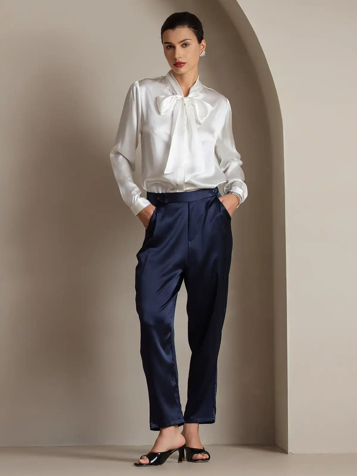 19Momme Silk Long Sleeve Tie Neck Elegant Blouse