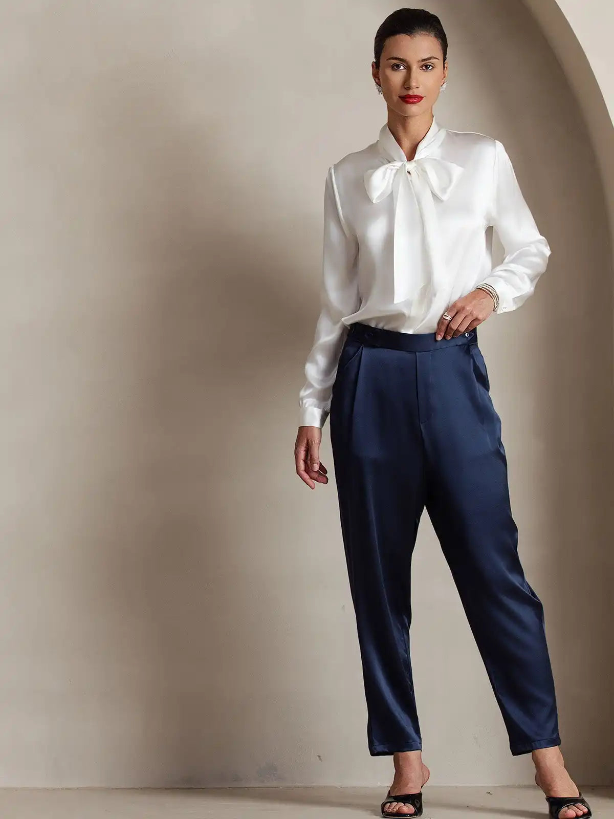 19Momme Silk Long Sleeve Tie Neck Elegant Blouse