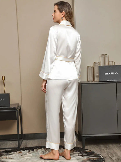 Clearance - 19Momme Contrast Trim Belted Lapel Silk Pajama Set