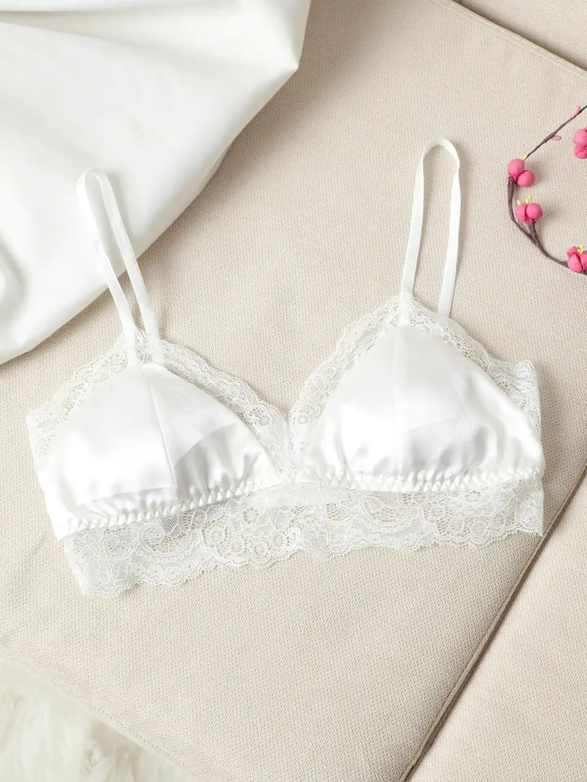 100% Mulberry Silk Lace Trimmed Bra with Adjustable Straps