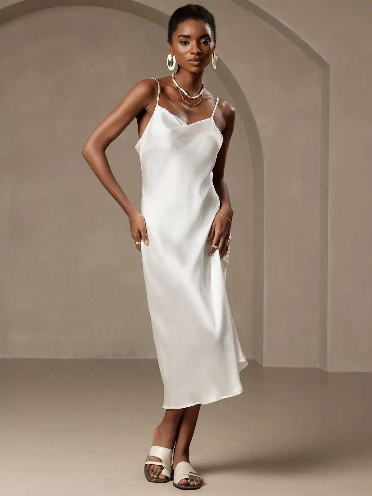 100% Mulberry Silk Cowl Neck Midi Dress