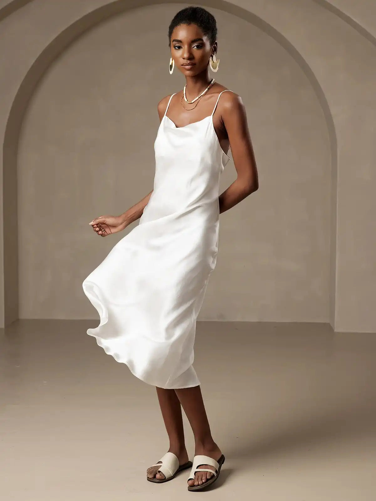 100% Mulberry Silk Cowl Neck Midi Dress