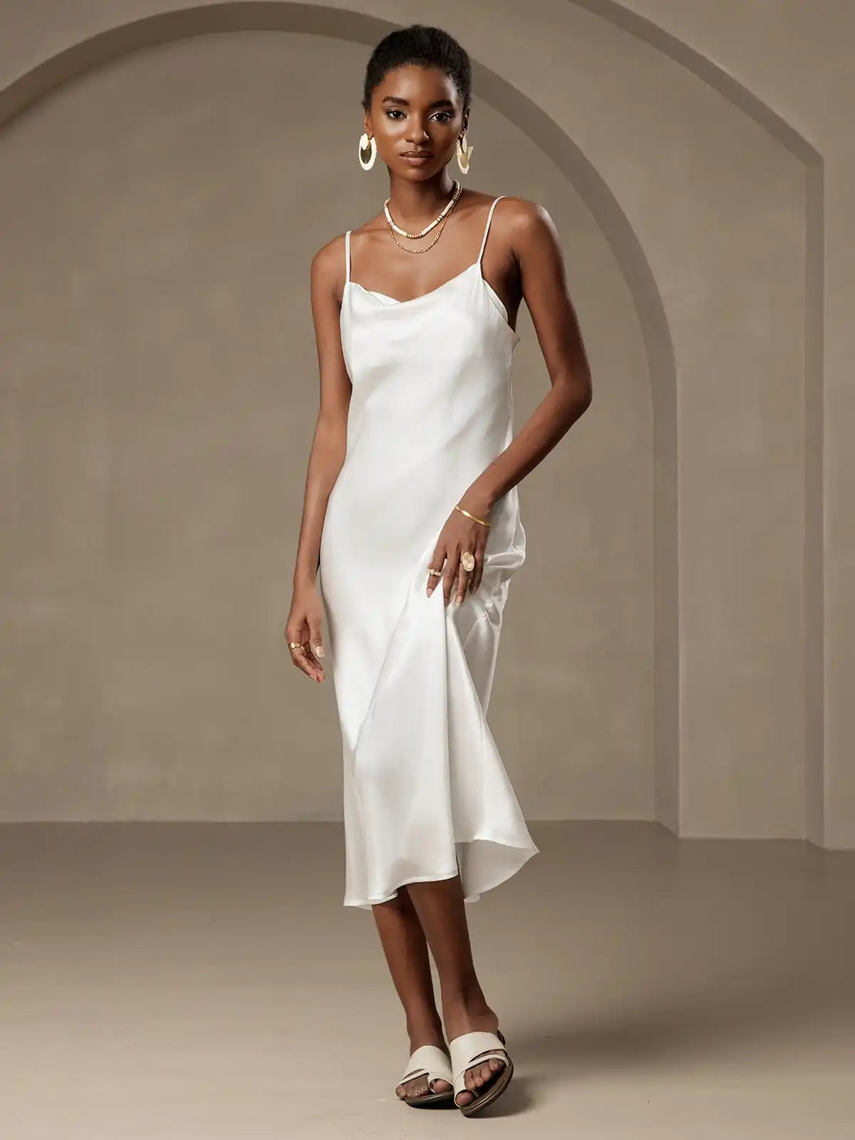 100% Mulberry Silk Cowl Neck Midi Dress