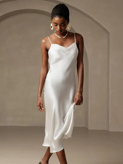 100% Mulberry Silk Cowl Neck Midi Dress
