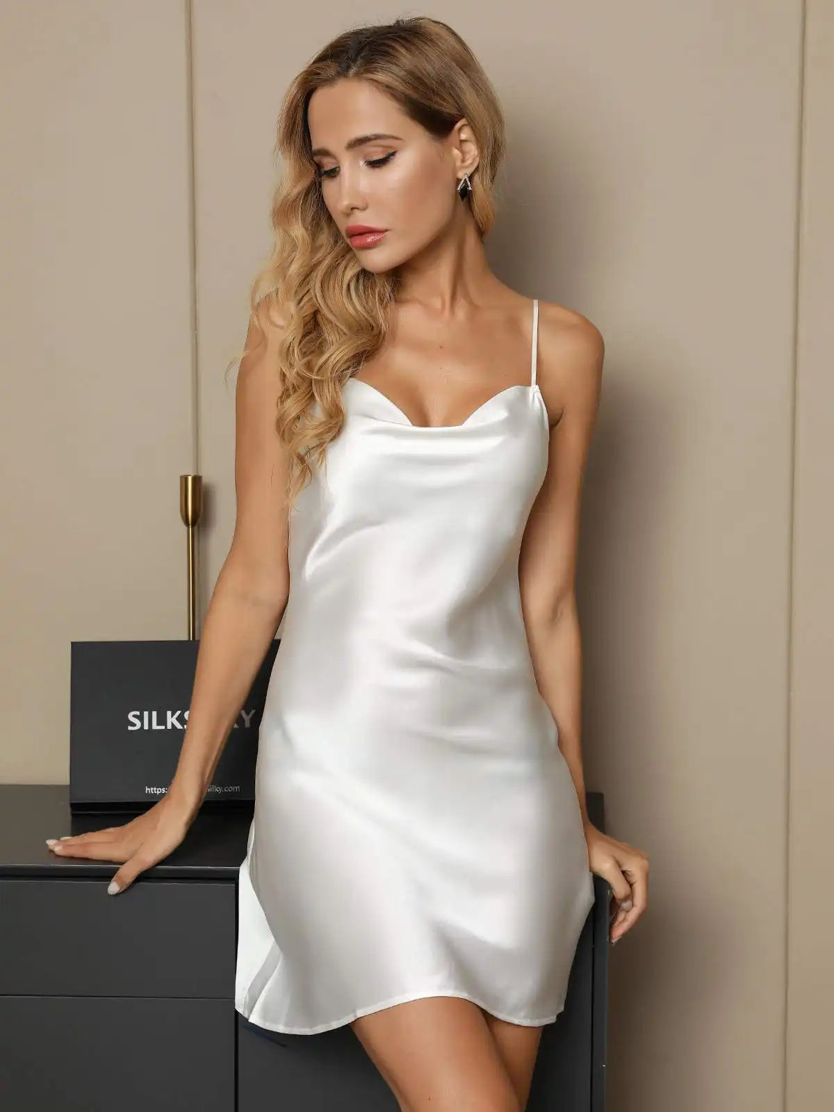 100% Mulberry Silk Spaghetti Strap Cowl Neck Short Nightgown