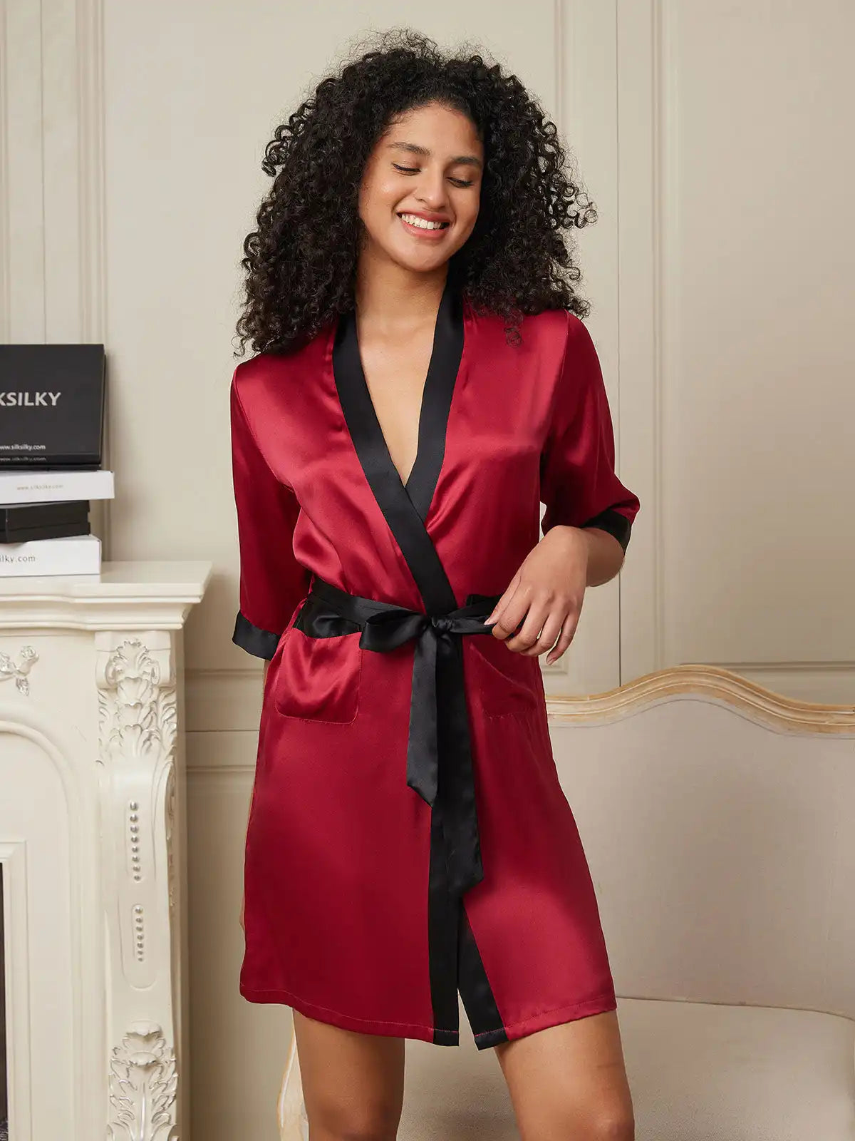 Pure Silk Half Sleeve Short Women's Kimono Wrap Robe
