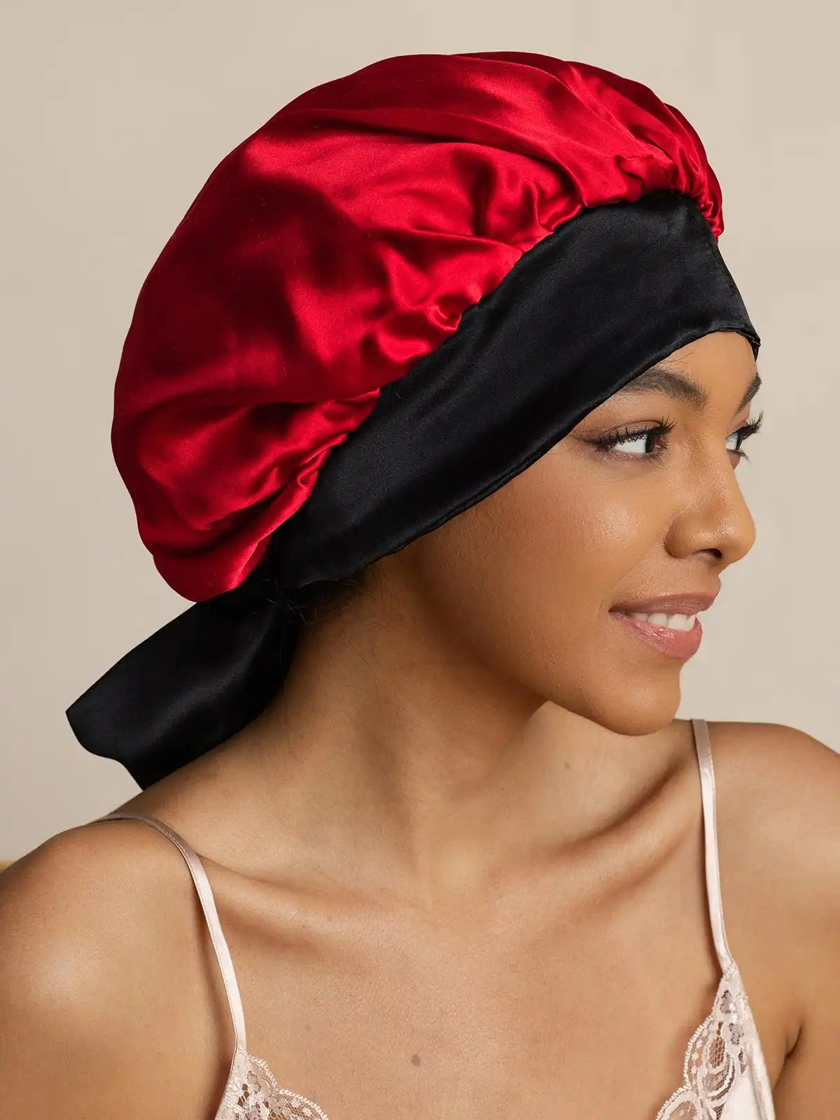 Women's 100% Mulberry Silk Casual Bonnet with Long Ribbons (Two-tone and Double-sided)