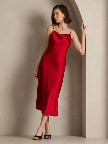 100% Mulberry Silk Cowl Neck Midi Dress