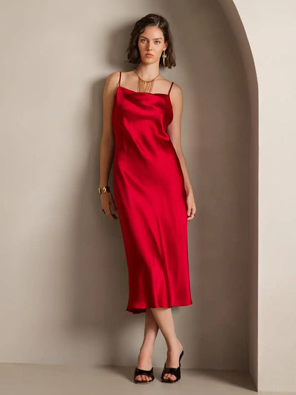 100% Mulberry Silk Cowl Neck Midi Dress