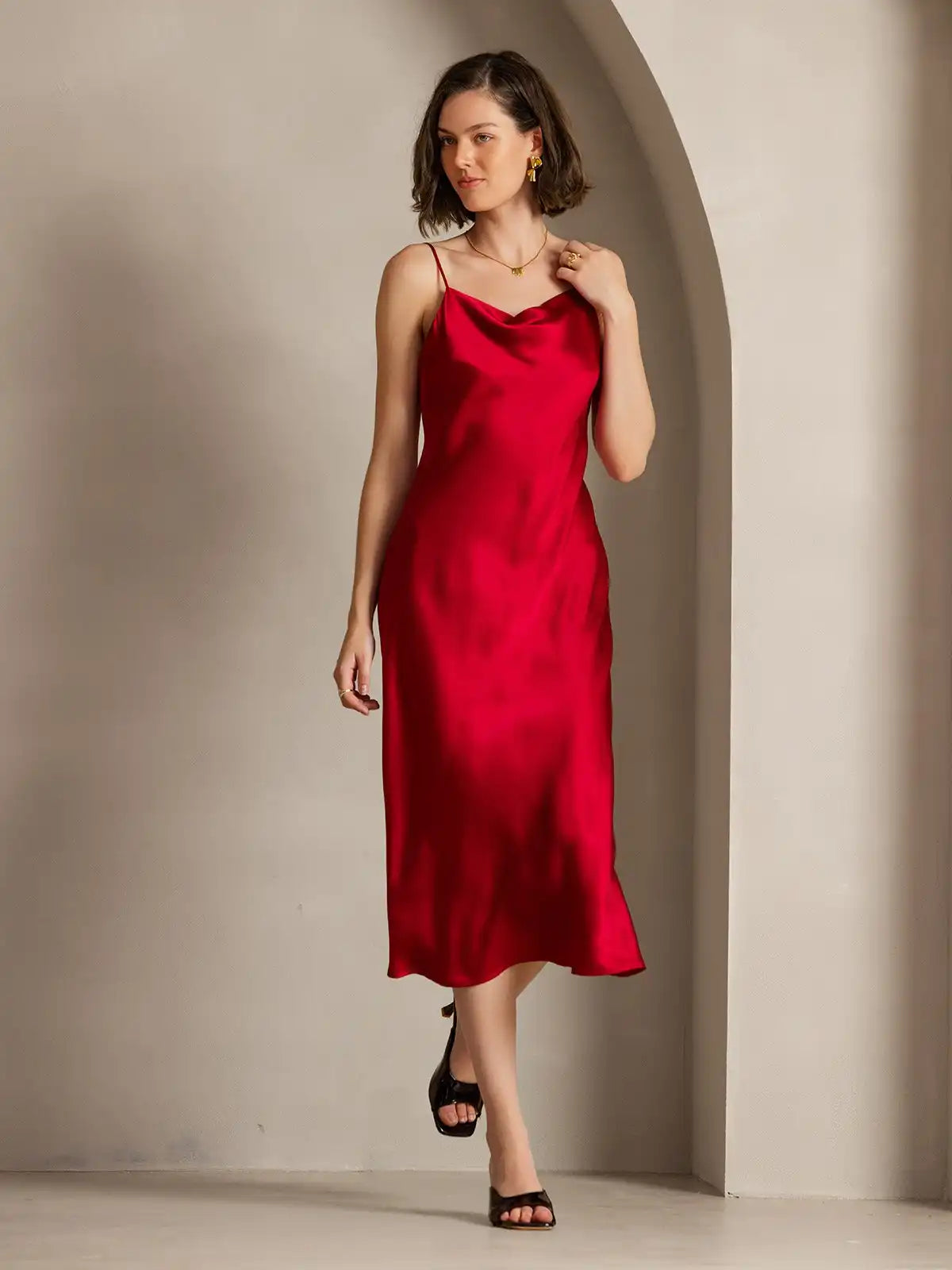 100% Mulberry Silk Cowl Neck Midi Dress