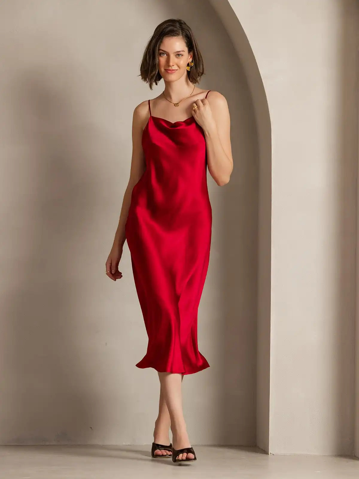 100% Mulberry Silk Cowl Neck Midi Dress