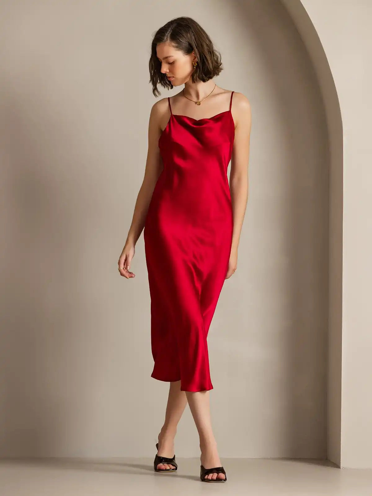 100% Mulberry Silk Cowl Neck Midi Dress