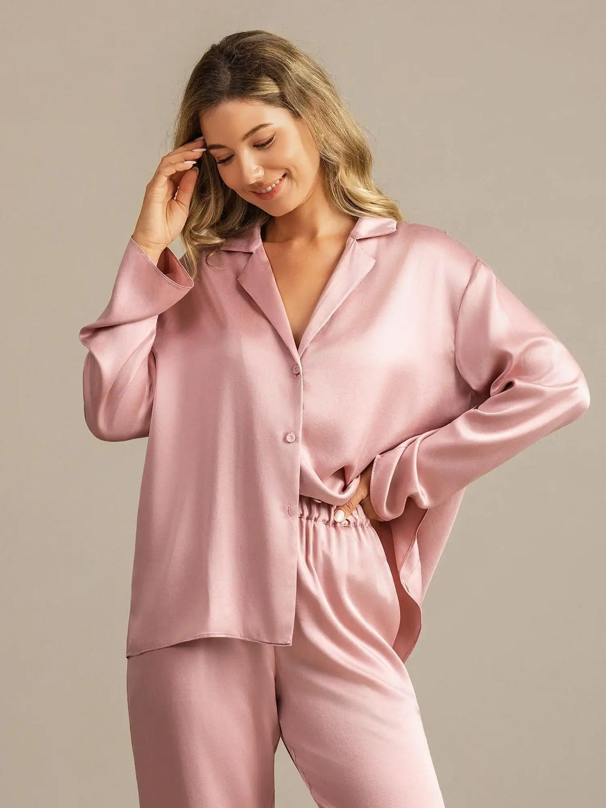 Clearance - 19Momme Washable Silk Long Sleeve Notch Collar Women's Pajamas Set