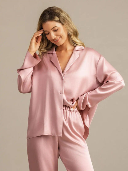 Clearance - 19Momme Washable Silk Long Sleeve Notch Collar Women's Pajamas Set