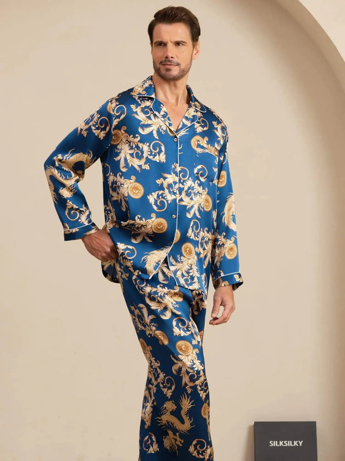 100% Mulberry Silk Men's Dragon Print  Long Sleeve Notch Collar Pajamas Set