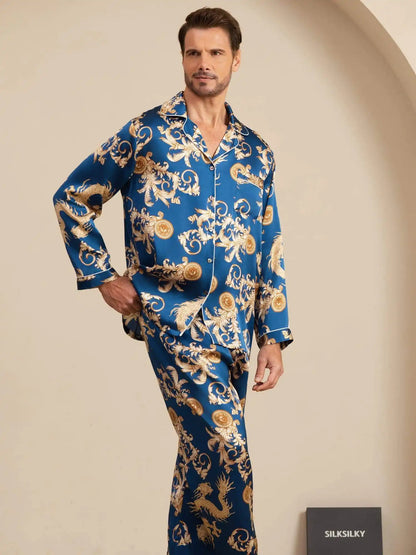 100% Mulberry Silk Men's Dragon Print  Long Sleeve Notch Collar Pajamas Set