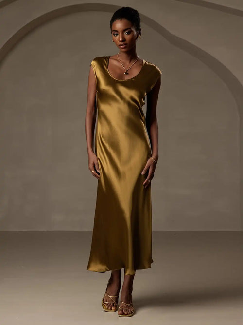 19Momme Silk Cap Sleeve Round Neck Midi Dress