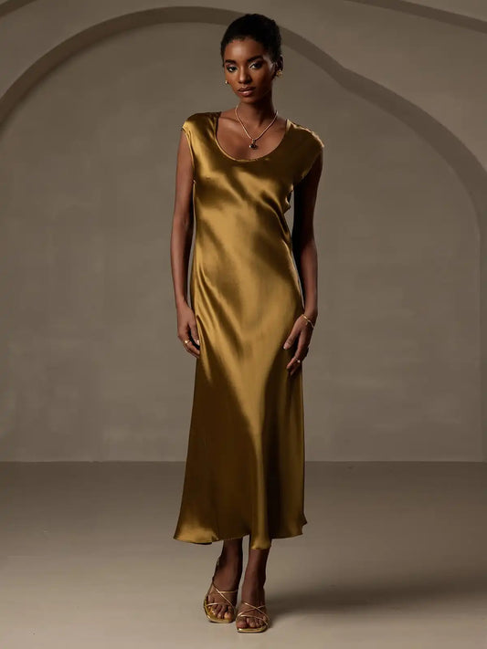19Momme Silk Cap Sleeve Round Neck Midi Dress