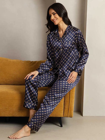 100% Mulberry Silk Chain Print Long Sleeve Lapel Collar Women's Pajamas Set
