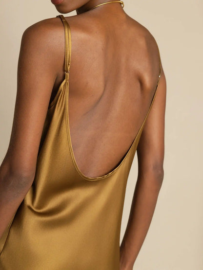 19Momme Silk Scoop Neck Backless Spaghetti Strap Midi Dress