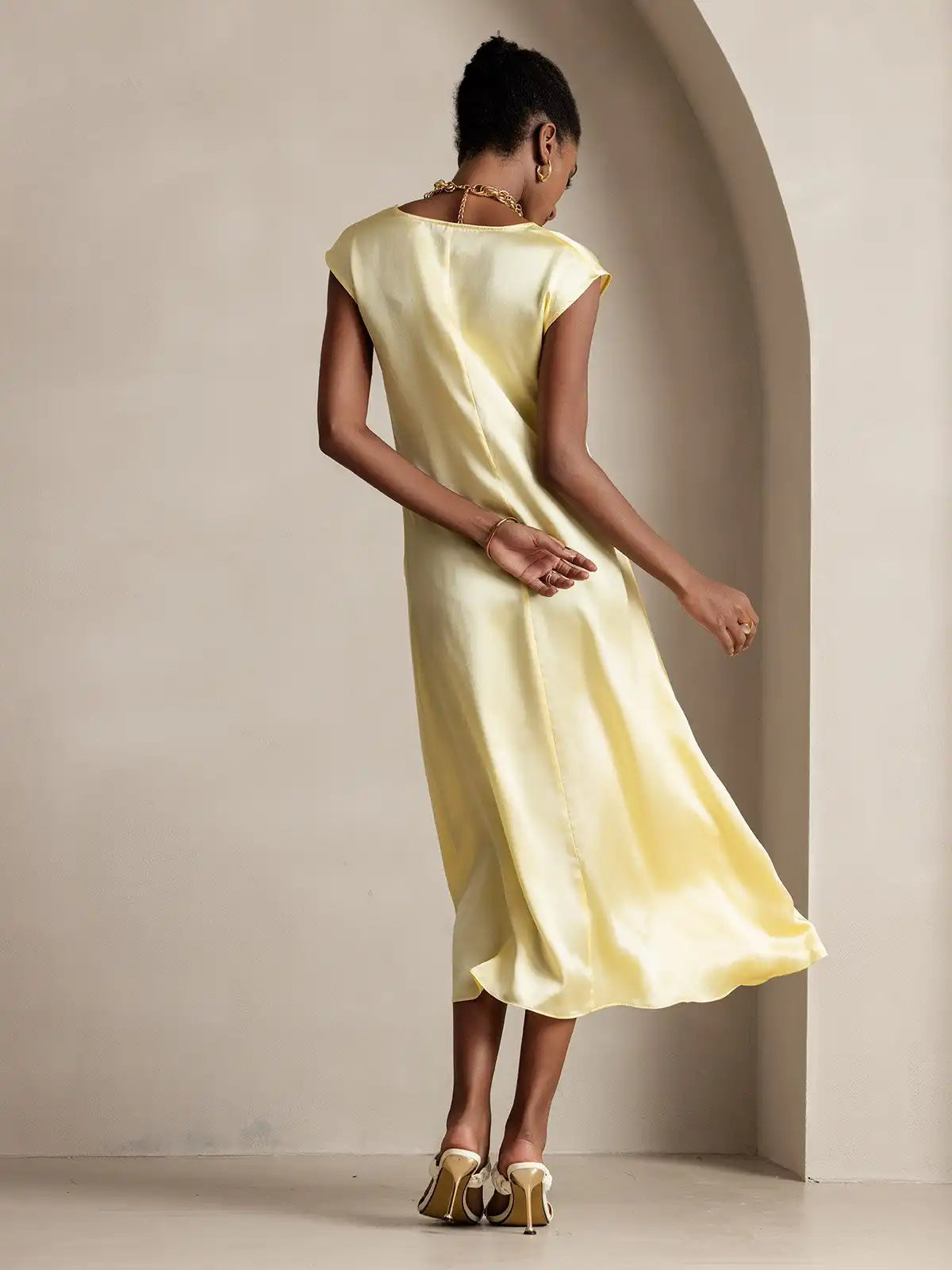 Clearance - 19Momme Silk Round Neck Cap Sleeve Midi Dress
