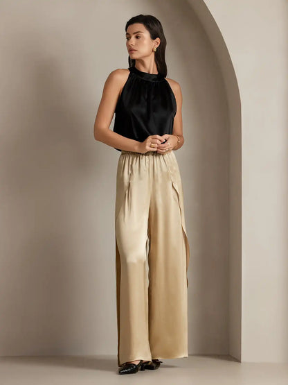 19Momme Silk Fashionable Flowy High-Slit Palazzo Pants