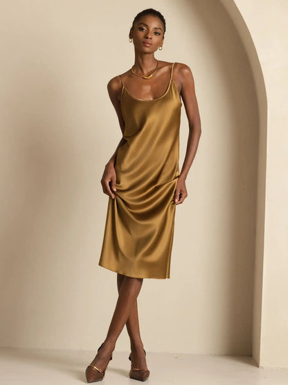 19Momme Silk Scoop Neck Backless Spaghetti Strap Midi Dress