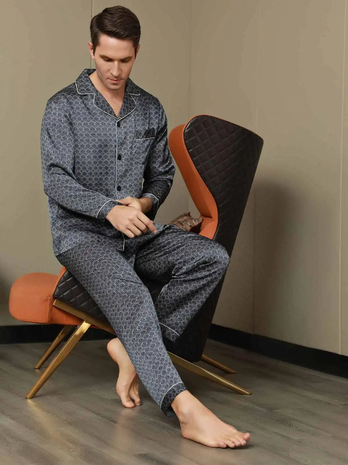 100% Mulberry Silk Ginkgo Print Long Sleeve Men's Pajamas Set With Pants
