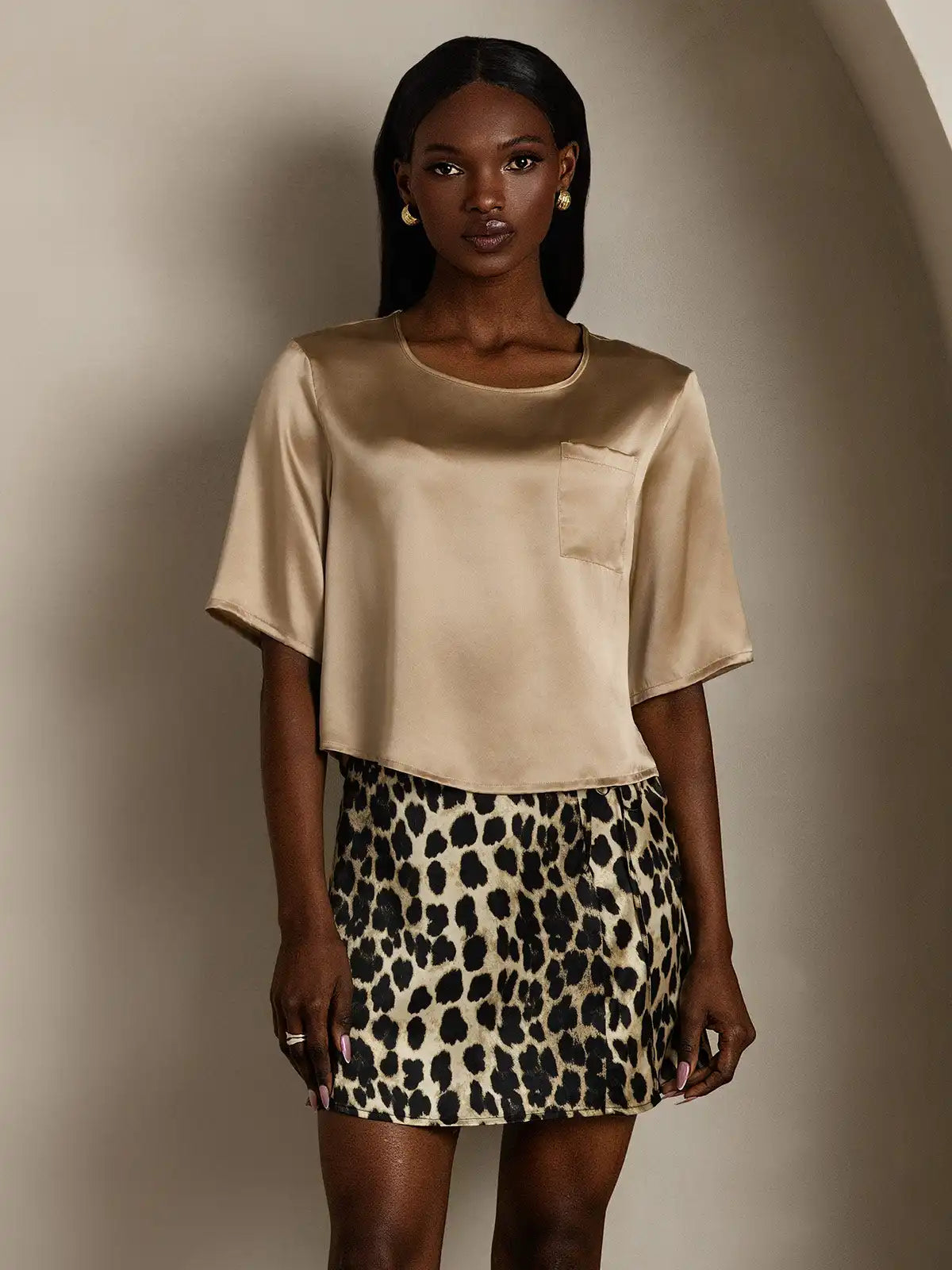 100% Mulberry Silk Women's Blouse Short Sleeve Boxy Crop Top