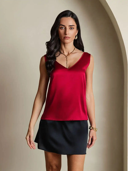 19Momme Silk Sleeveless V Neck Women's Tank Top with V Back Design