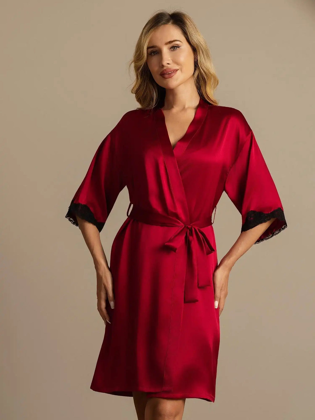 100% Mulberry Silk Basic Women's Robe with Lace Design
