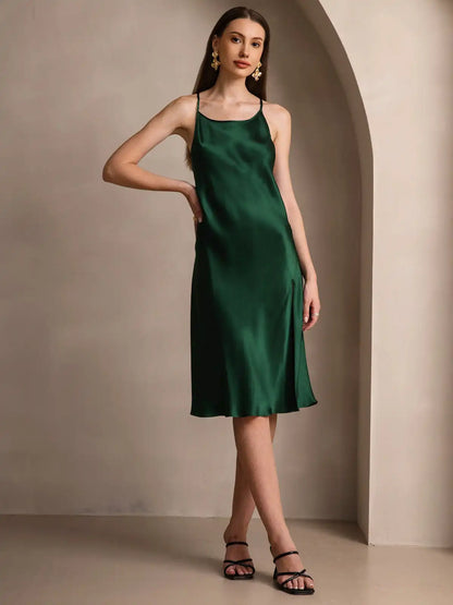 Elegant 100% Mulberry Silk Cross Backless Midi Dress with Side Slit